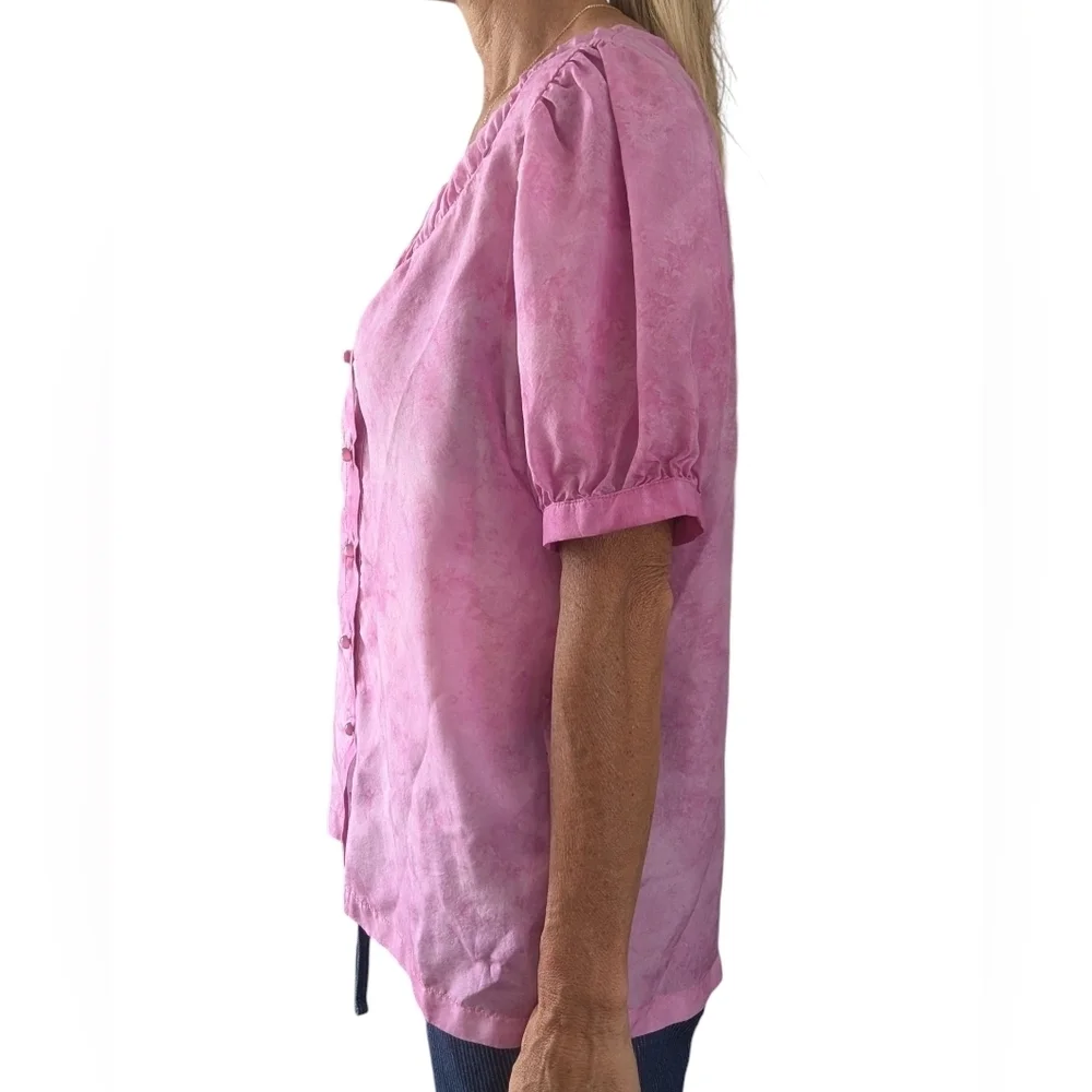 Johnny Was Amanda Bond 100% Silk Pink Peasant Blouse Puff Sleeve XS/S